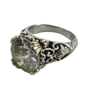 Premier Design Silver Tone Ring Size 6 Large Clear Stone & Filigree